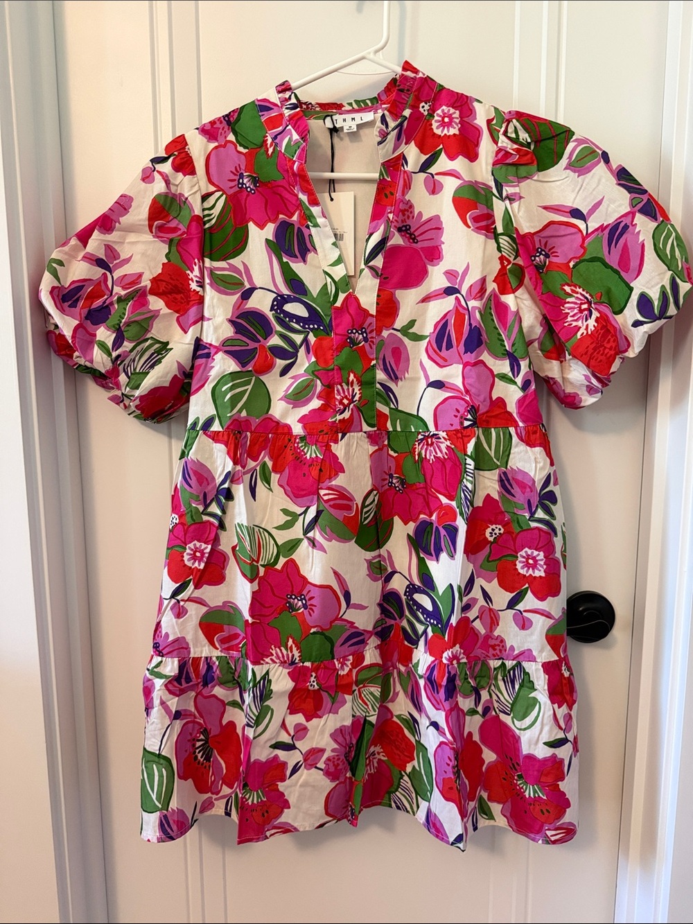THML Floral Short Puff Sleeve Mini Dress in Pink, Green, Purple and White